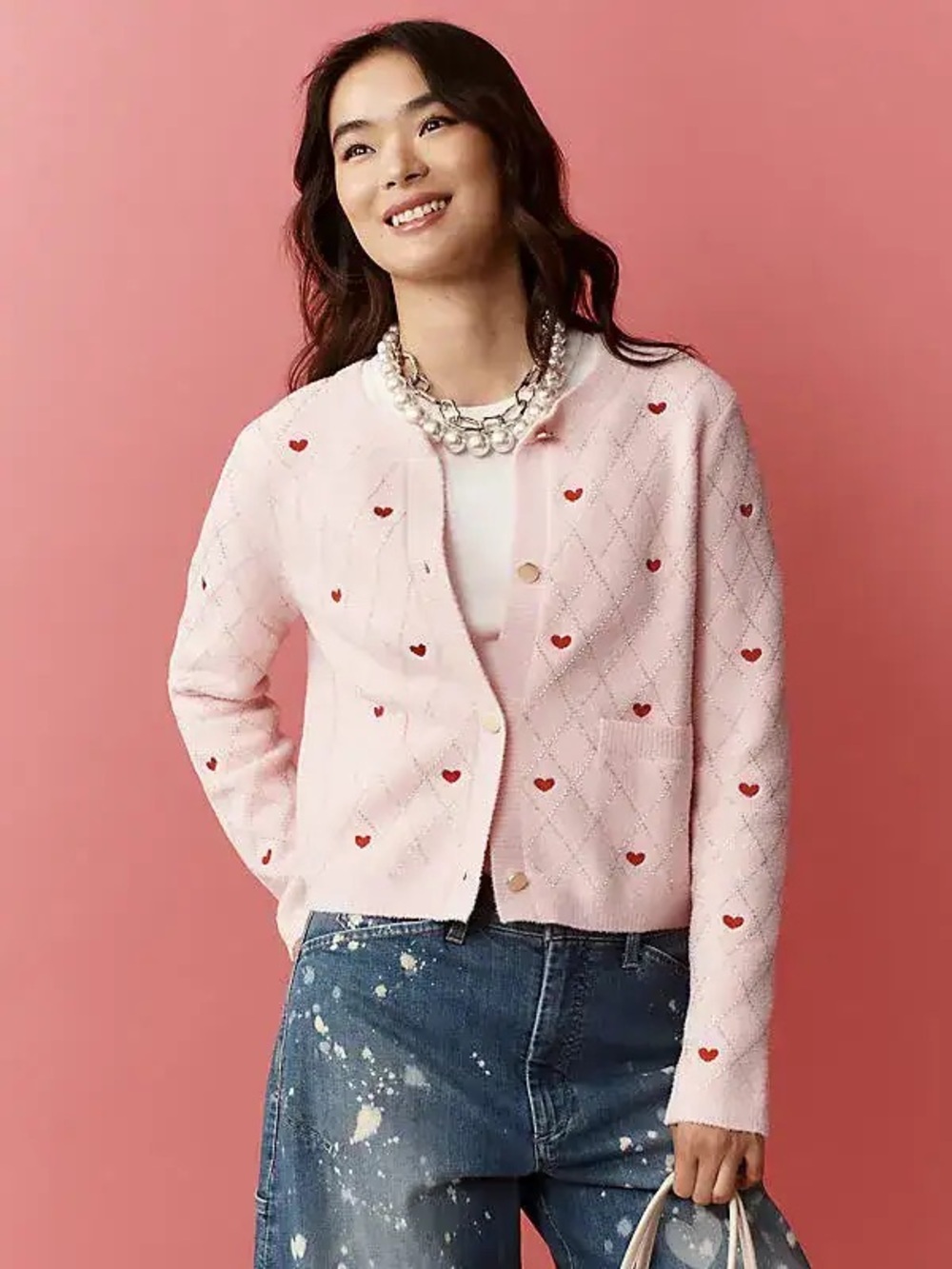 NVLT Embellished Heart Motif Lady Jacket - Pink Cardi Sweater - Large